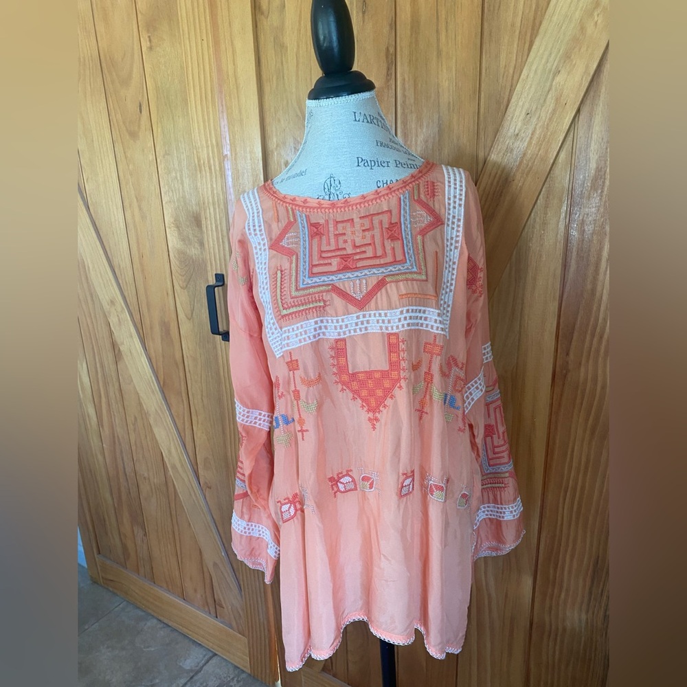 Johnny Was Coral and Orange Embroidered Tunic